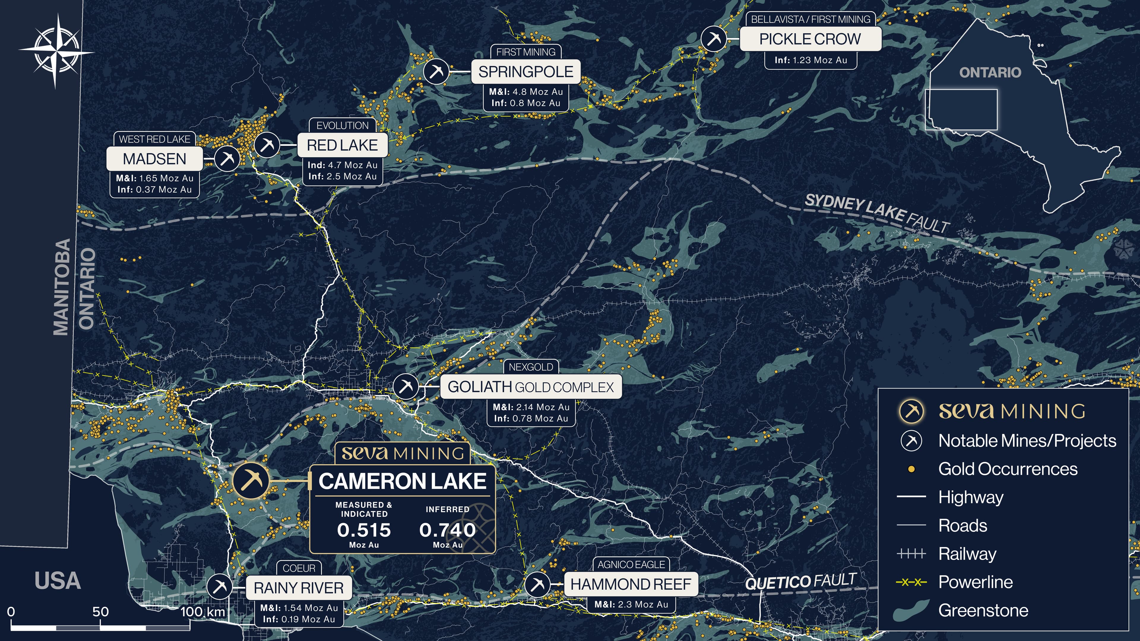 Seva Regional Greenstone Belt map showing Cameron Lake, Red Lake, and surrounding gold deposits